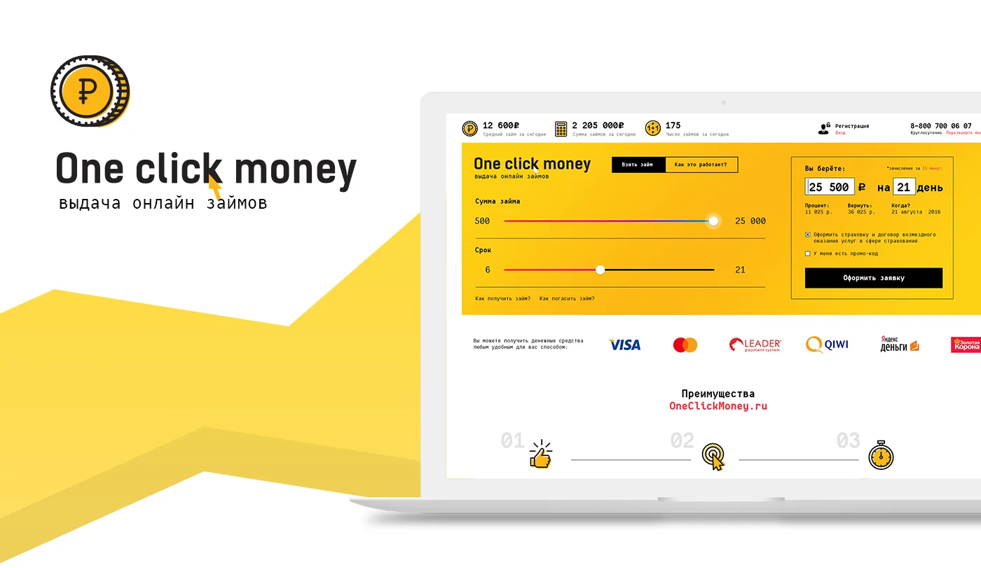 A Bold Website for an Online Lending Service, OneClickMoney